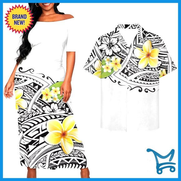 Polynesian Couples Outfit Samoan Dress and Shirt Set Traditional Tribal Print